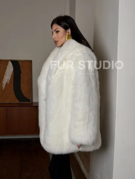 Белая шуба из меха лисы - воротник шаль - фото 7