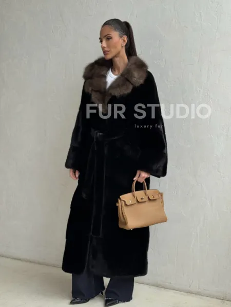 Черная норковая шуба - воротник куница - фото 9