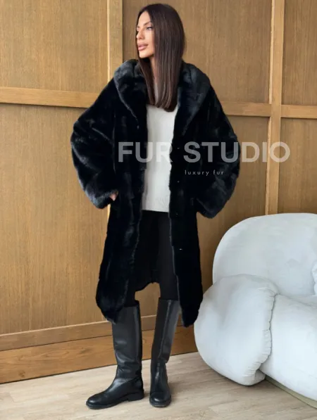 Черная норковая шуба с капюшоном - фото 2