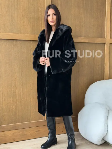 Черная норковая шуба с капюшоном - фото 0