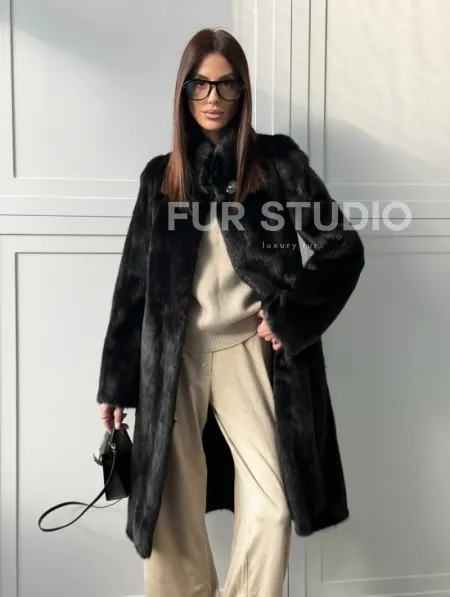 Черная норковая шуба - воротник стойка - фото 11