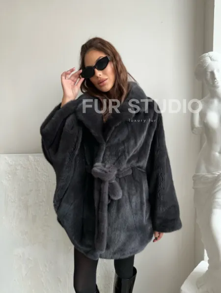 Шуба - манто из меха норки Nafa в цвете графит - фото 1