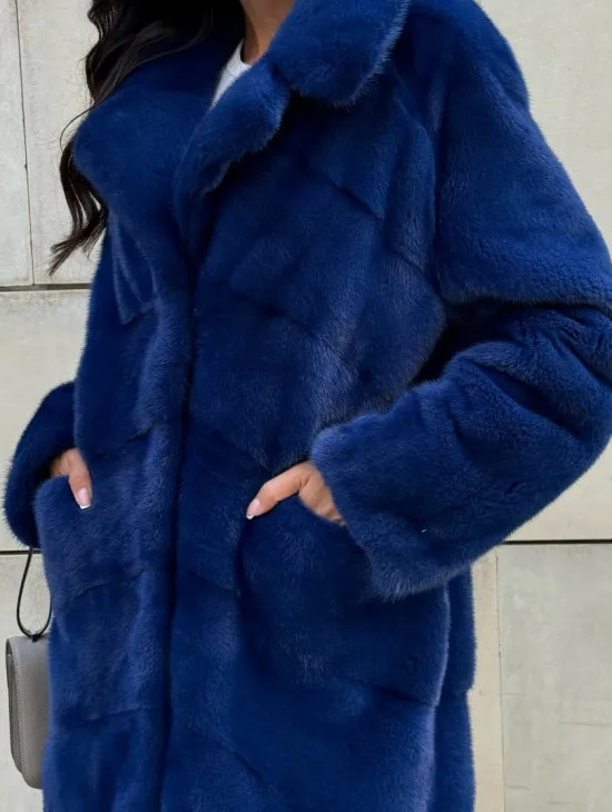Синяя шуба из аукционного меха норки - английский воротник - фото 3