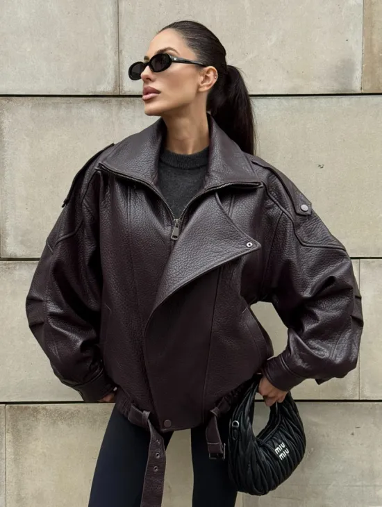 Стильная женская куртка из натуральной зернистой кожи COLLECTION DARK BURGUNDY - фото 0