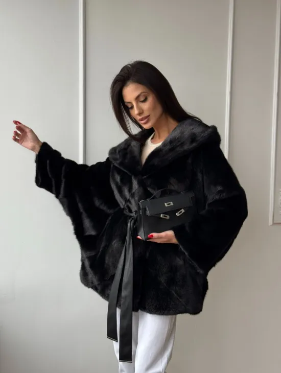 Летучая мышь шуба из меха норки Black с капюшоном - паркет - фото 11