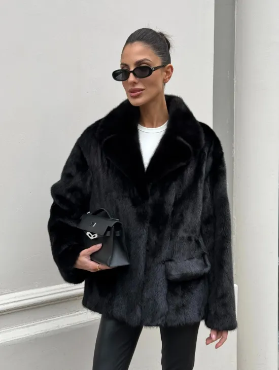 Черная норковая шуба - жакет с английским воротником - фото 0