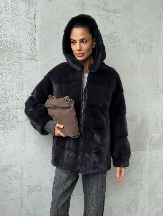 Норковый полушубок - куртка из меха норки с капюшоном графит - фото 8