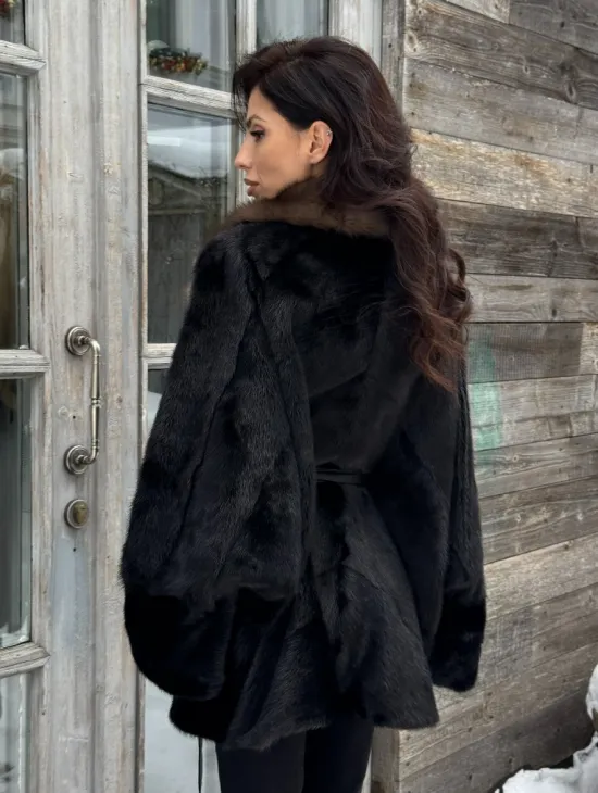 Черная шуба из норки с английским воротником из куницы - фото 6