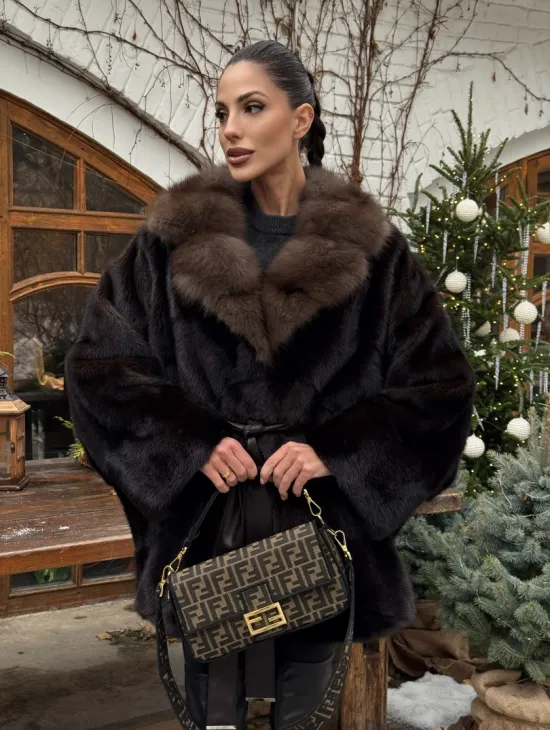 Норковый полушубок Mahogany с воротником из меха куницы - Летучая мышь - фото 5