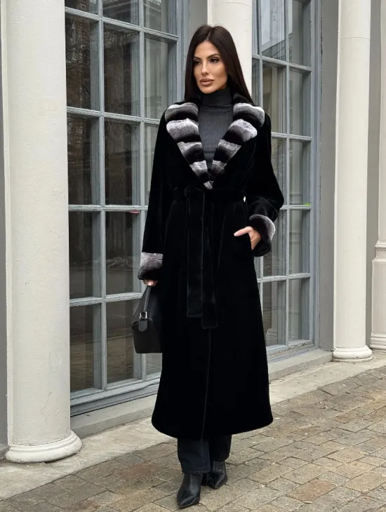 Шуба из стриженой норки с отделкой под шиншиллу - фото 6