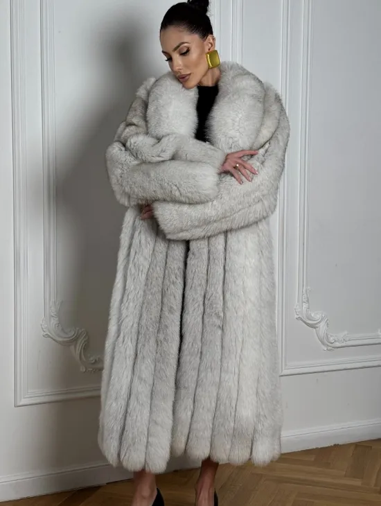 Длинная шуба из меха финского песца VINTAGE - колотый лёд - фото 2