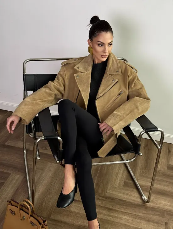 Косуха «Прямой Оверсайз» из мягкой кожи (замши) Camel - фото 10