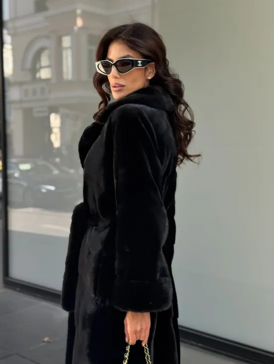 Удлиненная черная шуба с поясом из скандинавской норки - фото 2