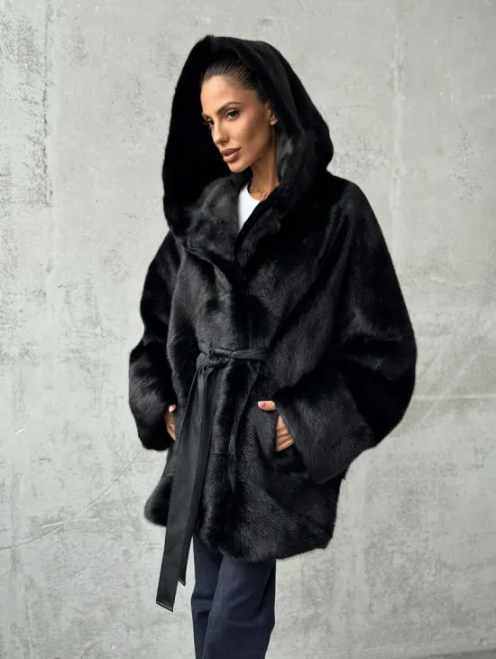 Полушубок черный норковый с капюшоном - фото 10