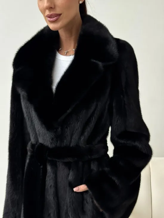 Черная норковая шуба с поясом - фото 1