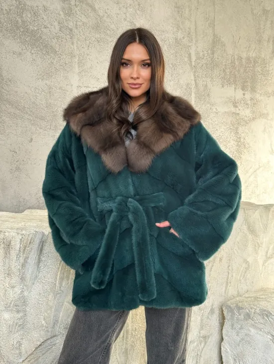 Шуба норка кимоно - капюшон куница - фото 10