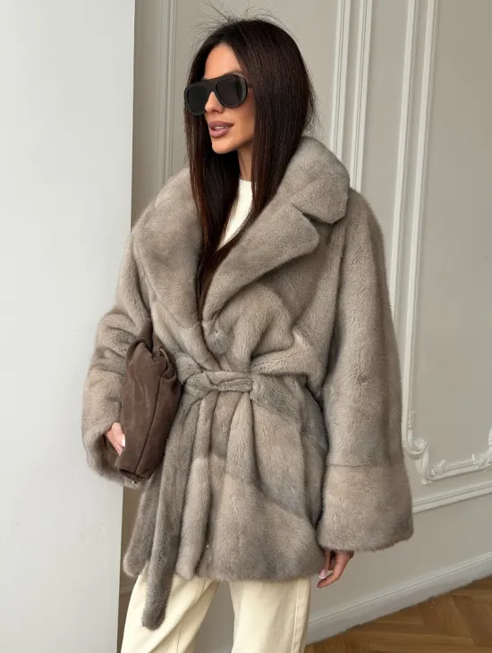 Норковый полушубок в натуральном цвете Silver - фото 11