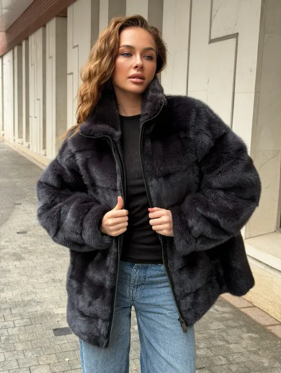 Норковая куртка на молнии - графит - фото 8