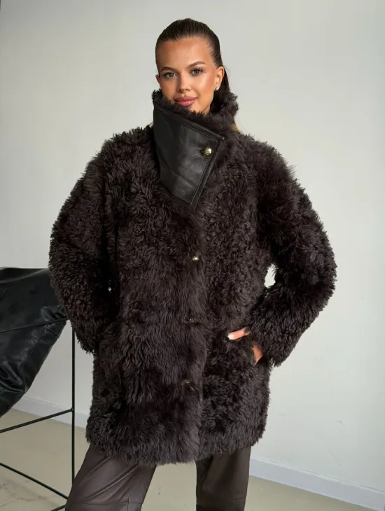 Дублёнка коричневая из овчины - тиградо - фото 6