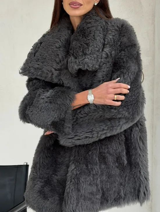 Серая дубленка из тиградо - фото 4