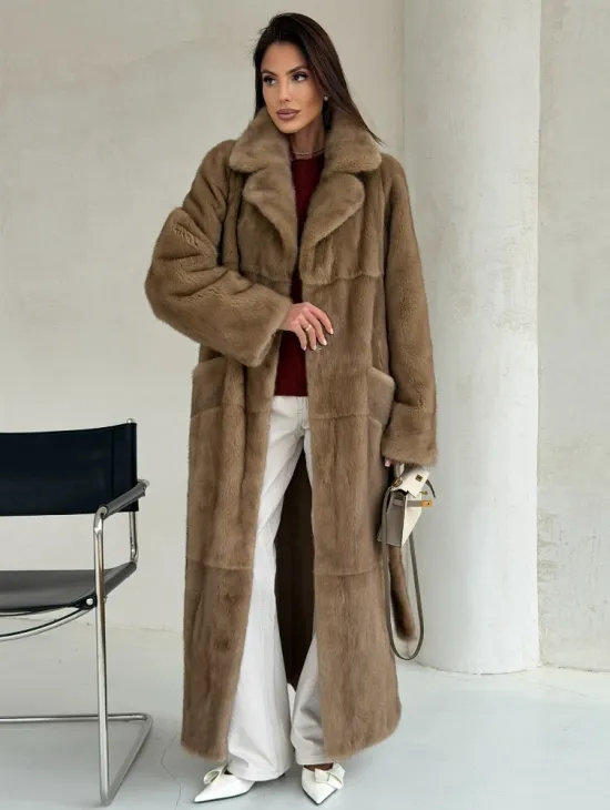 Прямая норковая шуба с меховым поясом - фото 0