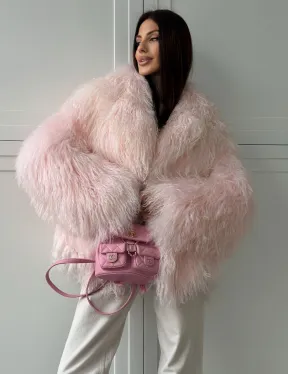 Шуба из меха ламы - цвет розовый - фото 5