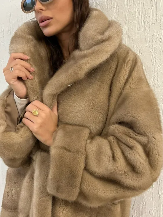 Удлиненная норковая шуба NAFA с капюшоном - цвет пастель - фото 1