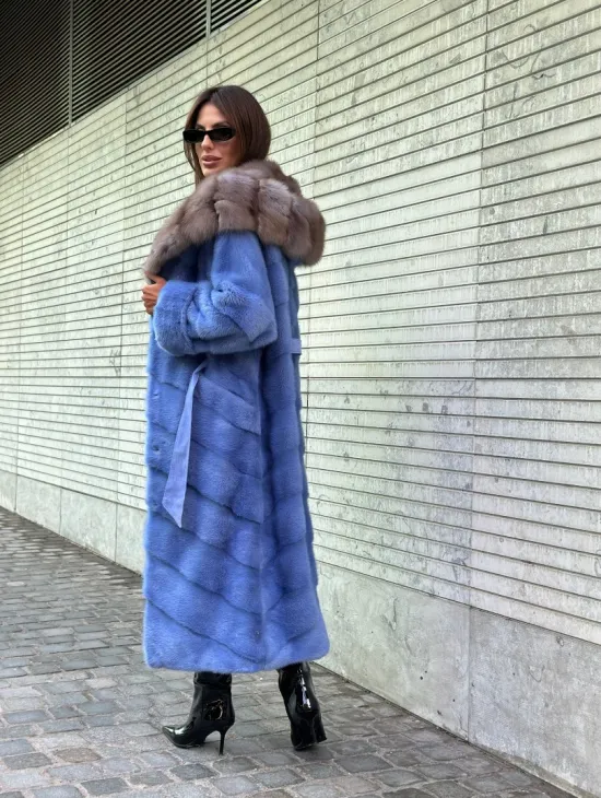 Шуба норковая с капюшоном из меха куницы - цвет голубой сапфир - фото 6