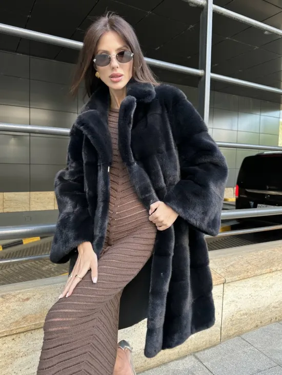 Шуба норковая английский воротник - цвет инфинити - фото 2