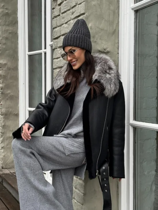 Дубленка из натуральной овчины с воротником чернобурой лисы - фото 8