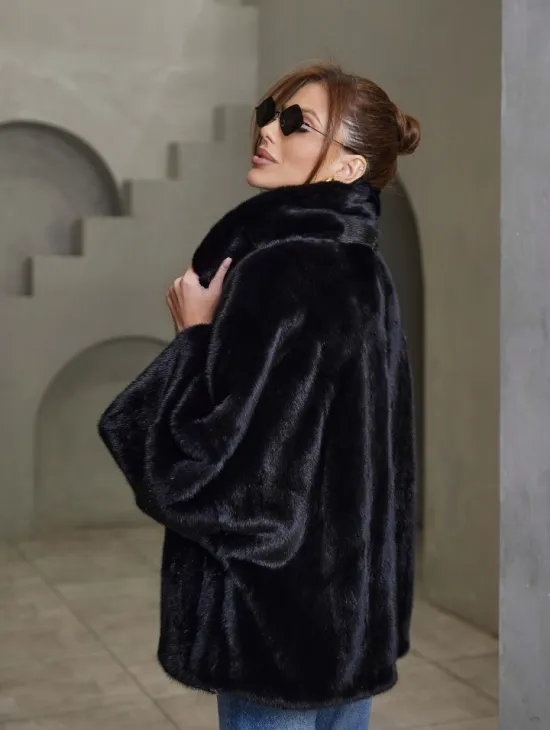 Норковый жакет роспуск - английский воротник -черный - фото 1