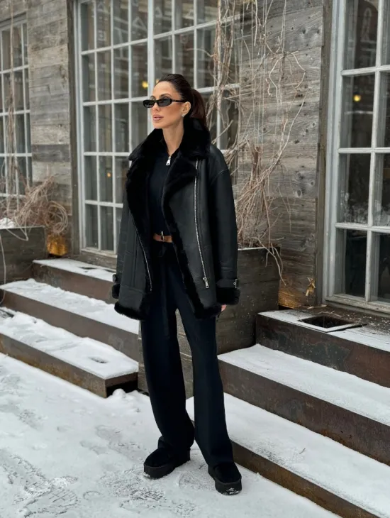 Черная дубленка авитор на овчине - фото 7