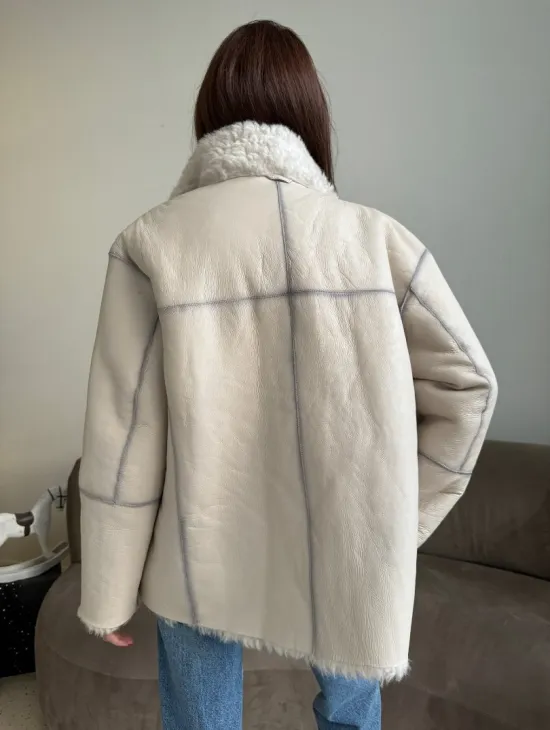 Дубленка двусторонняя из натурального меха тиградо - стойка воротник - фото 2