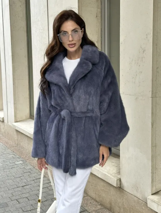 Шуба норковая летучая мышь - цвет джинс - фото 0